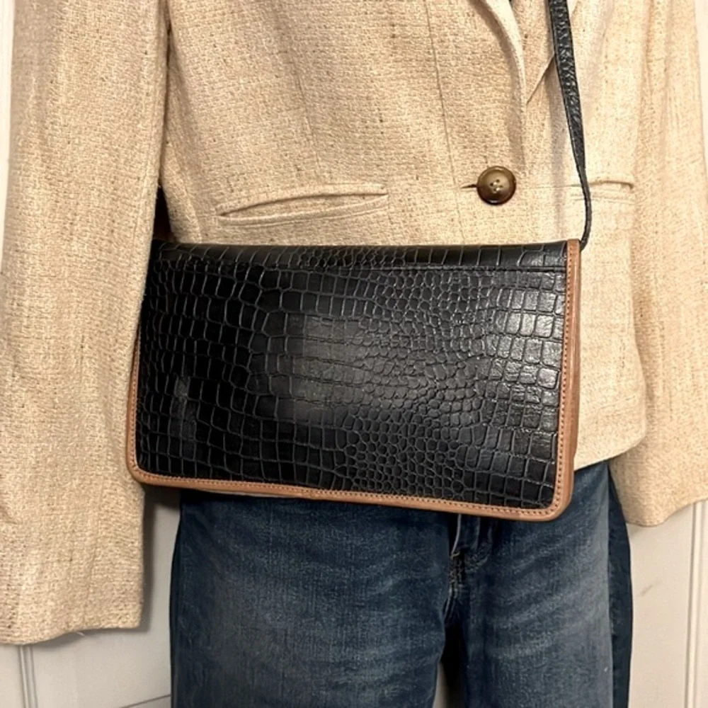 Navy Blue Croc Embossed Faux Leather Flap Clutch Crossbody Shoulder Bag Purse